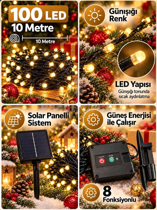Yılbaşı Dekoru Güneş Enerjili Solar LED Işık – Günışığı 100 LED 10 Metre 8 Fonksiyonlu - Yılbaşı Işıkları | Parti Adresi