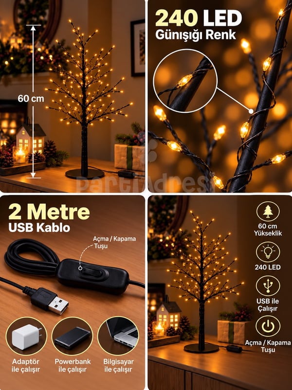 Yılbaşı Dekoru LED Işıklı Tel Ağaç 60 cm – Dekoratif Masa Süsü - Yılbaşı Işıkları | Parti Adresi
