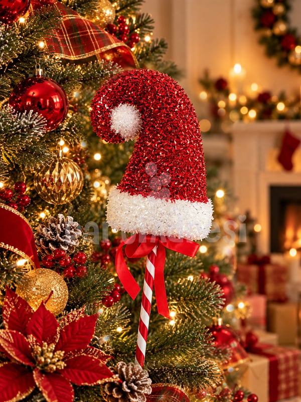 Yılbaşı Dekoru Simli Noel Baba Şapkalı Baston Şeker Çam Ağacı Süsü 40 cm  - Ağaç Süsleri - Asmalı Süsler | Parti Adresi