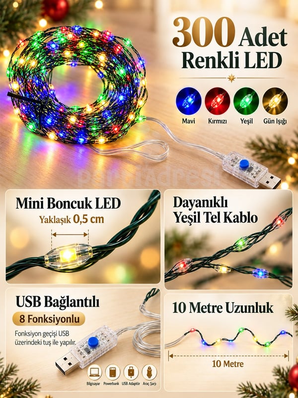 Yılbaşı Dekoru USB Işık - Renkli 300 LED 10 Metre 8 Fonksiyonlu Ağaç Süsü - Yılbaşı Işıkları | Parti Adresi