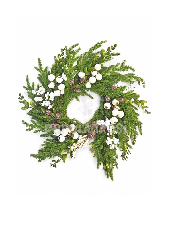 Yılbaşı Kapı Süsü Beyaz Berry – Yeşil Kozalak Detaylı Çelenk 45 cm - Yılbaşı Kapı Süsleri | Parti Adresi