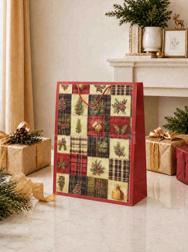 Yılbaşı Temalı Karton Hediye Çantası – Çam Ağacı Motifli 30x40x12 cm - Yılbaşı Ambalajları | Parti Adresi