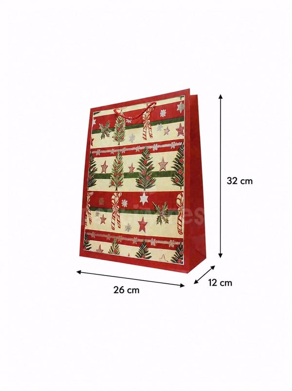 Yılbaşı Temalı Karton Hediye Çantası – Çam Ağacı ve Şeker Motifli 26x32x10 cm - Yılbaşı Ambalajları | Parti Adresi