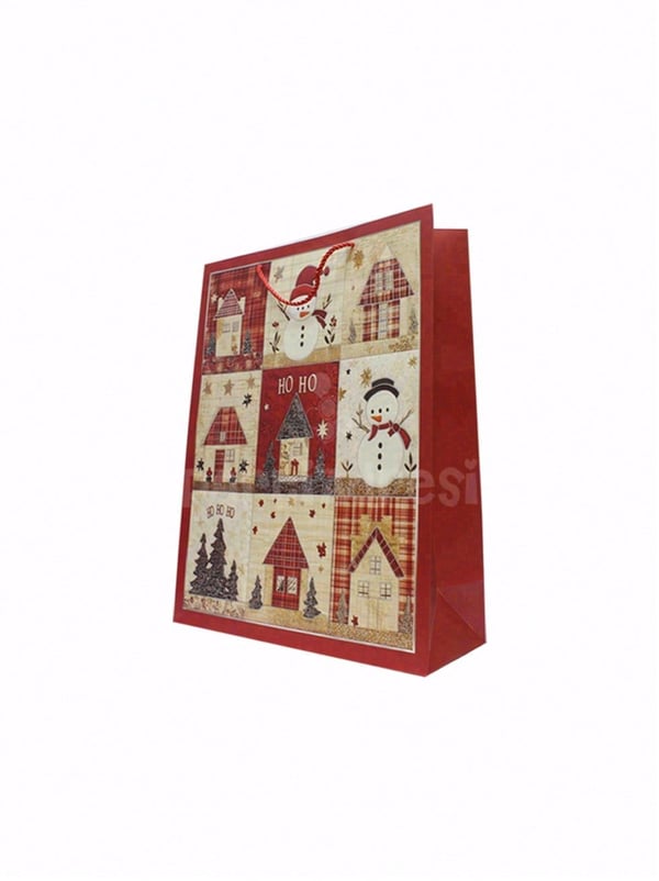 Yılbaşı Temalı Karton Hediye Çantası – Ekose Ev Motifli 30x40x12 cm - Yılbaşı Ambalajları | Parti Adresi