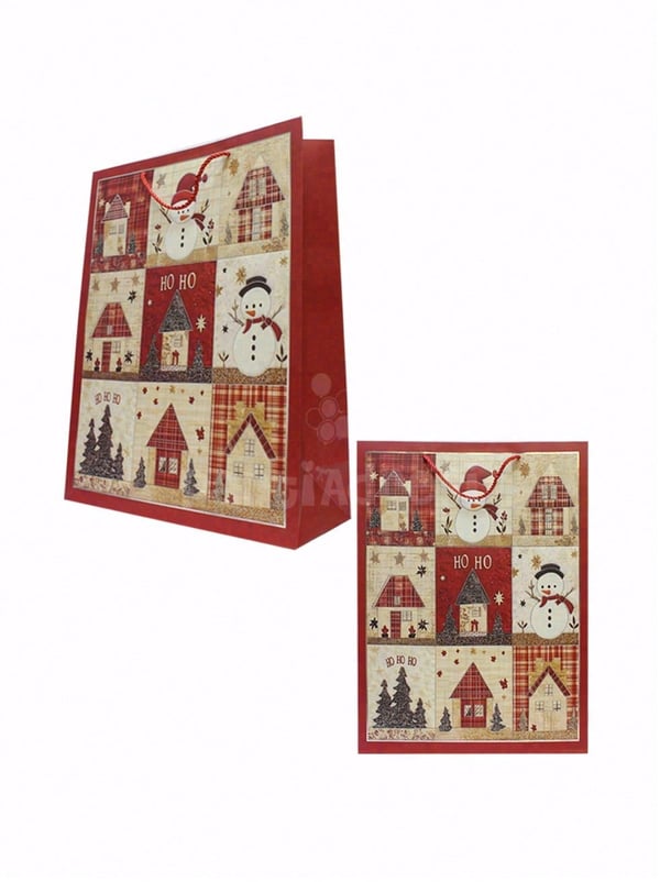 Yılbaşı Temalı Karton Hediye Çantası – Ekose Ev Motifli 30x40x12 cm - Yılbaşı Ambalajları | Parti Adresi
