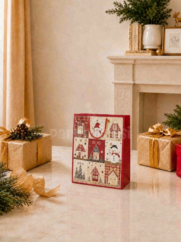Yılbaşı Temalı Karton Hediye Çantası – Ekose Ev Motifli 18x23x10 cm - Yılbaşı Ambalajları | Parti Adresi