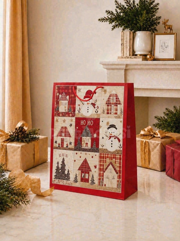 Yılbaşı Temalı Karton Hediye Çantası – Ekose Ev Motifli 30x40x12 cm - Yılbaşı Ambalajları | Parti Adresi
