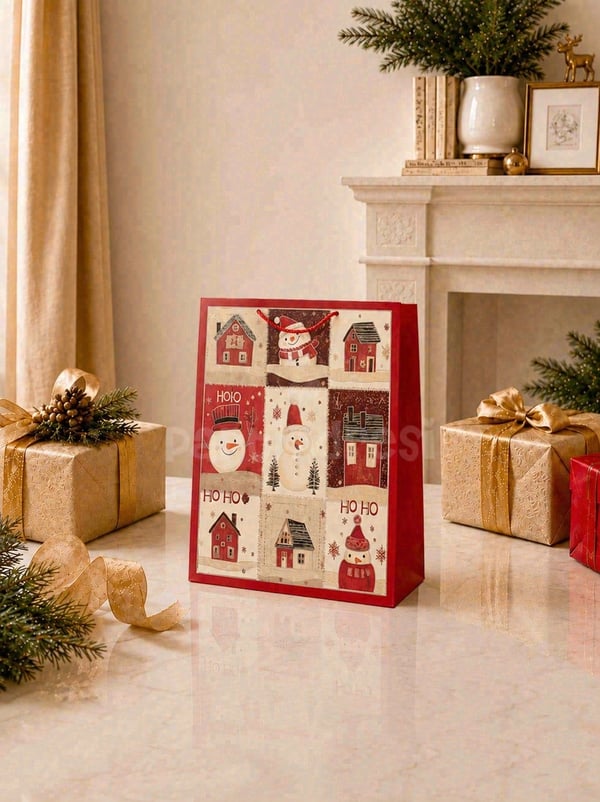 Yılbaşı Temalı Karton Hediye Çantası – Ekose Ev Motifli 26x32x10 cm - Yılbaşı Ambalajları | Parti Adresi