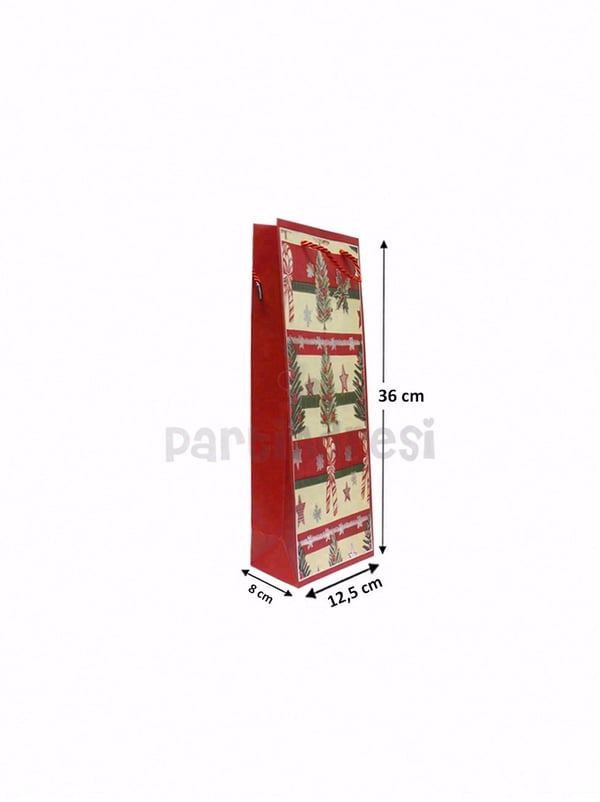 Yılbaşı Temalı Karton Şişe Çantası – Çam Ağacı ve Şeker Motifli Hediye Çantası 12,5x36x8 cm  - Yılbaşı Ambalajları | Parti Adresi