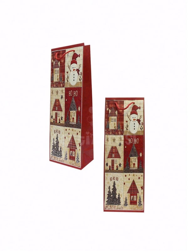 Yılbaşı Temalı Karton Şişe Çantası – Ekose Ev Motifli Hediye Çantası 12,5x36x8 cm - Yılbaşı Ambalajları | Parti Adresi