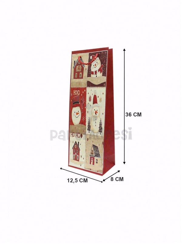 Yılbaşı Temalı Karton Şişe Çantası – Kardan Adam Motifli Hediye Çantası 12,5x36x8 cm - Yılbaşı Ambalajları | Parti Adresi