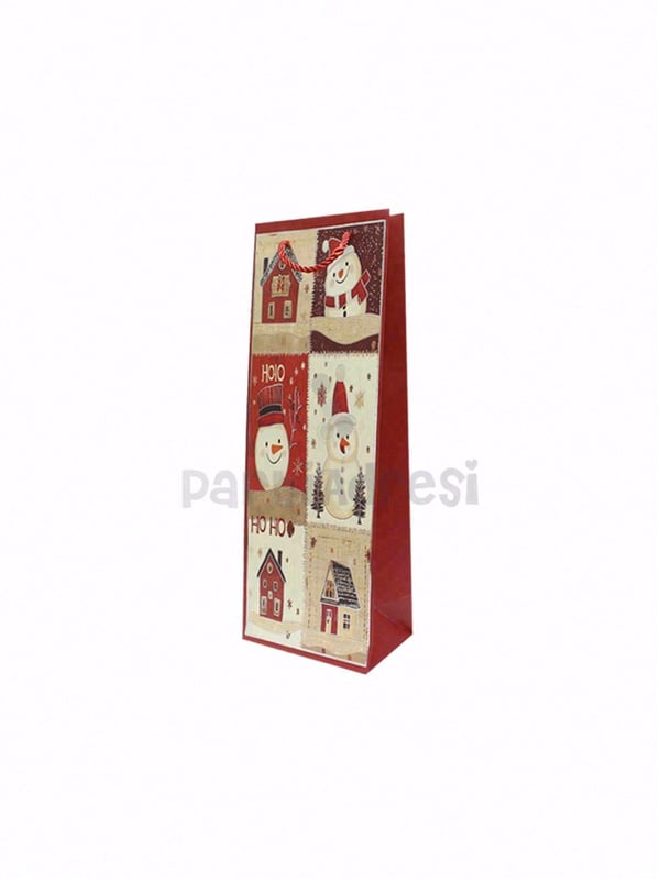 Yılbaşı Temalı Karton Şişe Çantası – Kardan Adam Motifli Hediye Çantası 12,5x36x8 cm - Yılbaşı Ambalajları | Parti Adresi