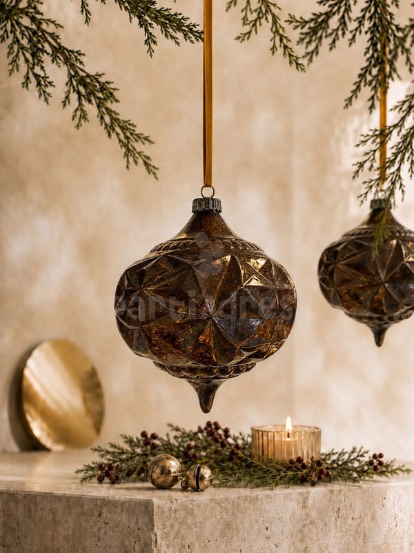 Yılbaşı Topu Kahverengi Cam Görünümlü – Geometrik Desen Vintage Çam Ağacı Süsü 18 cm - Yılbaşı Topları | Parti Adresi
