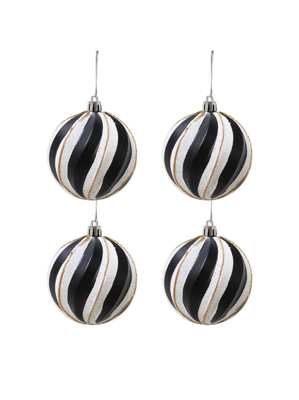 Yılbaşı Topu Spiral Desenli Dekoratif Çam Ağacı Süsü Siyah Beyaz 8 cm 4'lü Set - Yılbaşı Topları | Parti Adresi