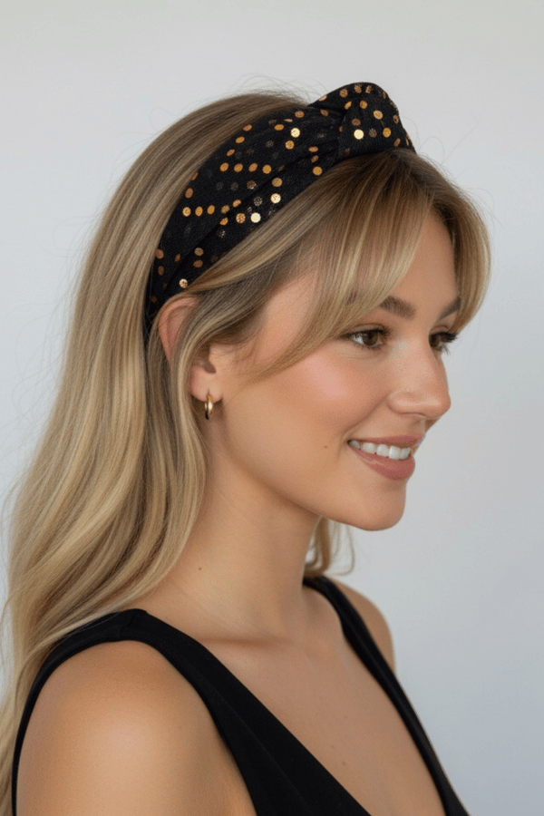 Gold Sequined Black Tulle Headband