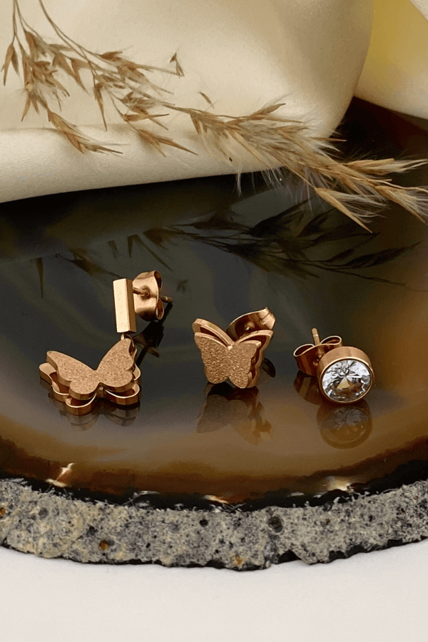 Bronz Kelebek Taşlı Küpe Seti