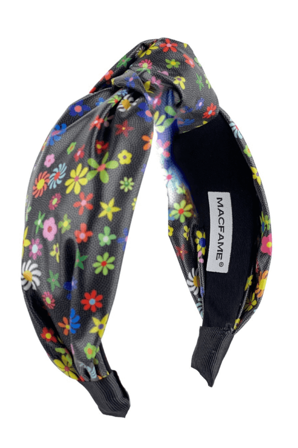 Floral Print Leather Headband Black