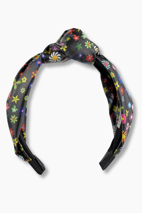 Floral Print Leather Headband Black