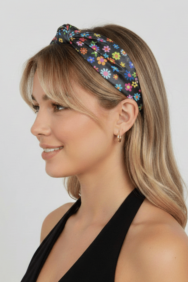 Floral Print Leather Headband Black