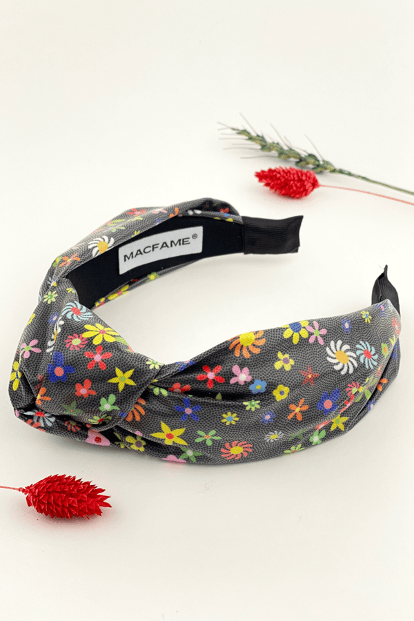 Floral Print Leather Headband Black