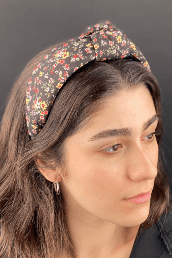 Floral Print Women Headband Black-Yellow