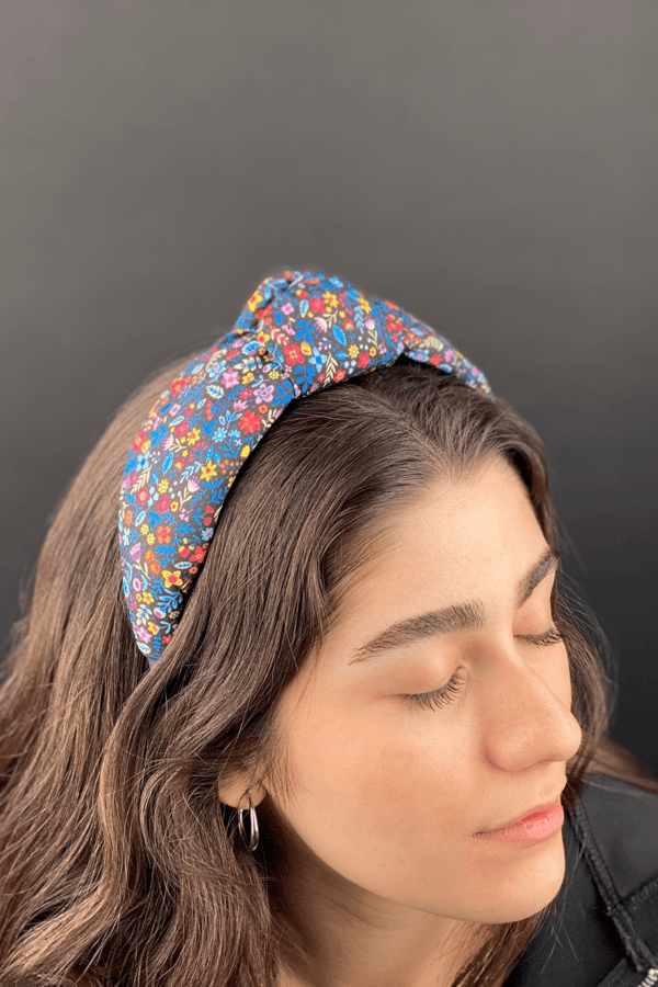 Floral Print Women Headband Navy Blue