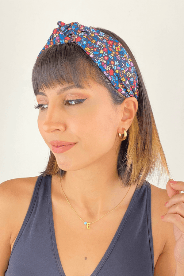 Floral Print Knotted Headband Navy Blue
