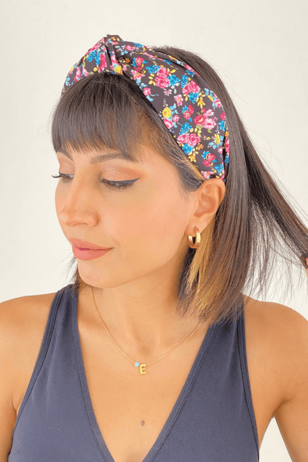 Floral Print Knotted Headband Black-Pink