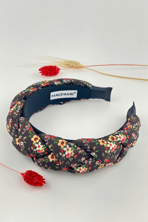 Floral Print Braided Headband Black-Yellow