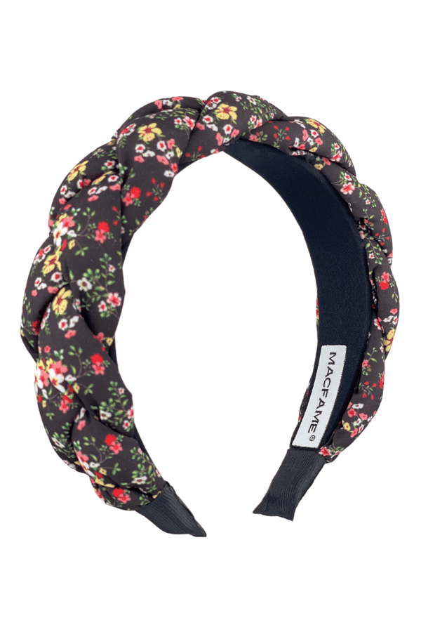 Floral Print Braided Headband Black-Yellow