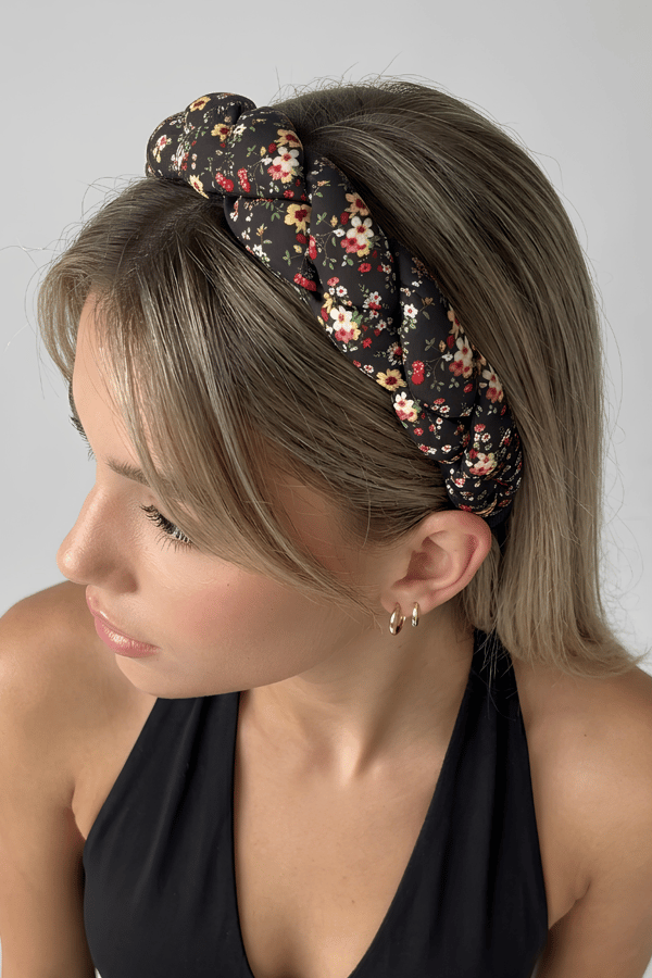 Floral Print Braided Headband Black-Yellow