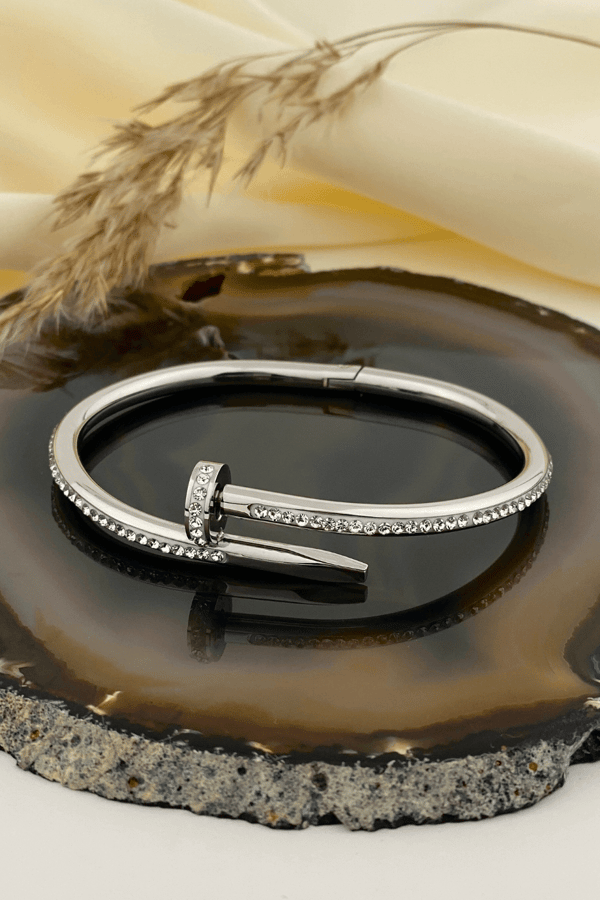 Nail Model Crystal Hinge Silver Bangle