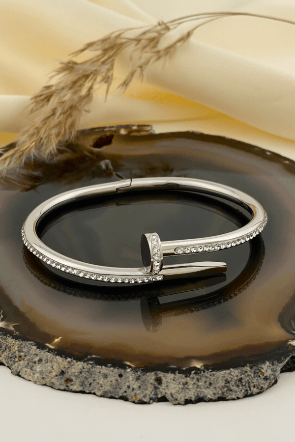Nail Model Crystal Hinge Silver Bangle
