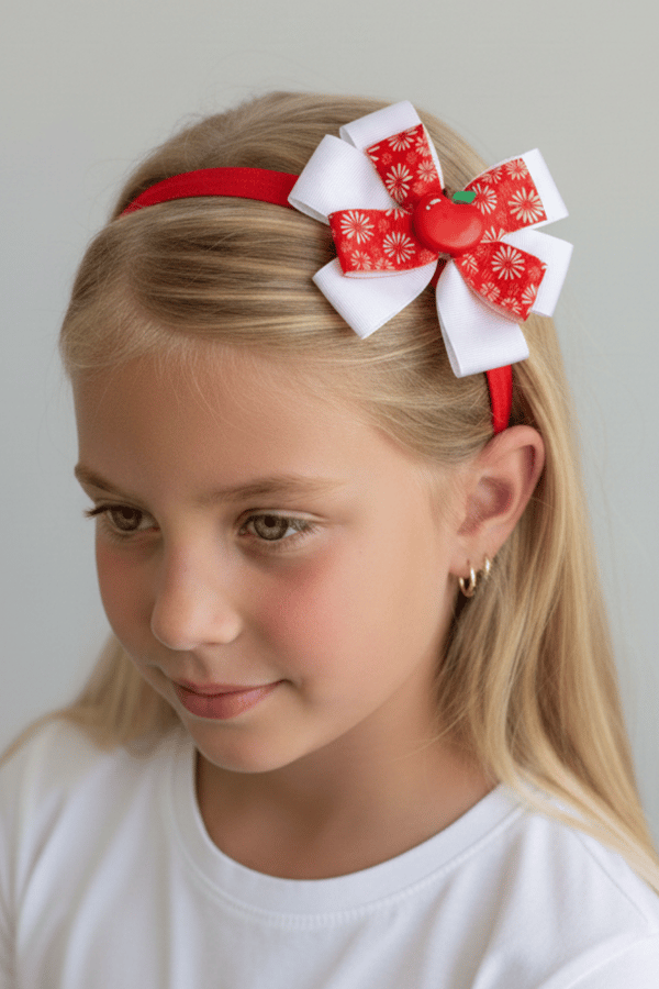 Macfame Bow Apple Figured Ribbon Kids Headband Red