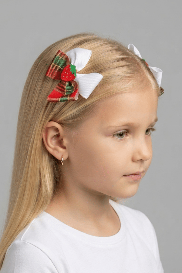 Macfame Strawberry Figured Ribbon Kids Buckle Set White