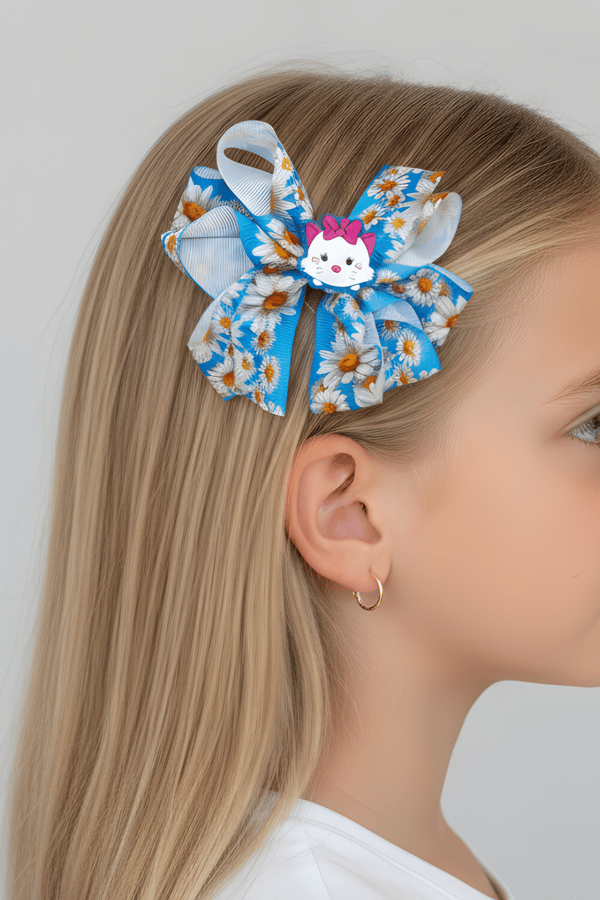 Macfame Cat Figure Patterned Grosgrain Ribbon Kids Snap (Automatic) Buckle Blue