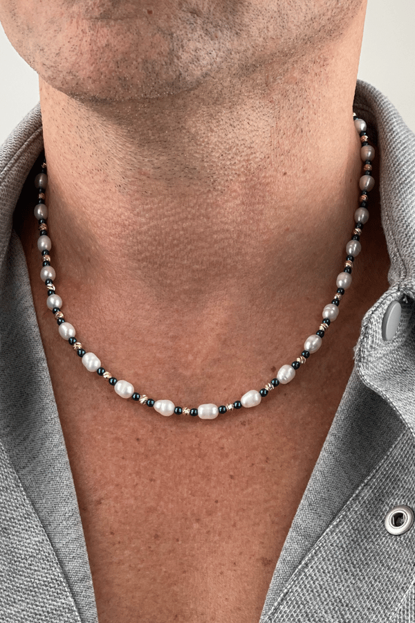 Freshwater Pearl Silver Necklace For Men | Blue Hematite