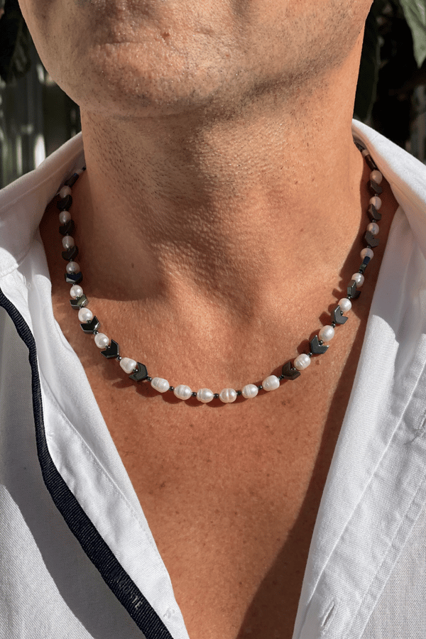 Mens Freshwater Pearl Necklace with Arrow Hematite