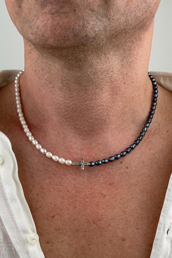Men's Freshwater Black Pearl Cross Necklace
