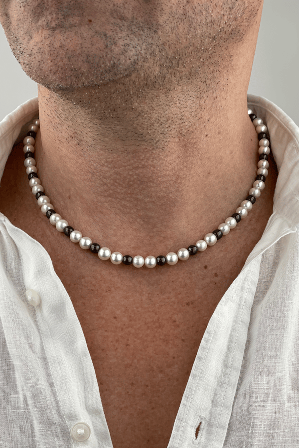 Mens Pearl Necklace with Hematite