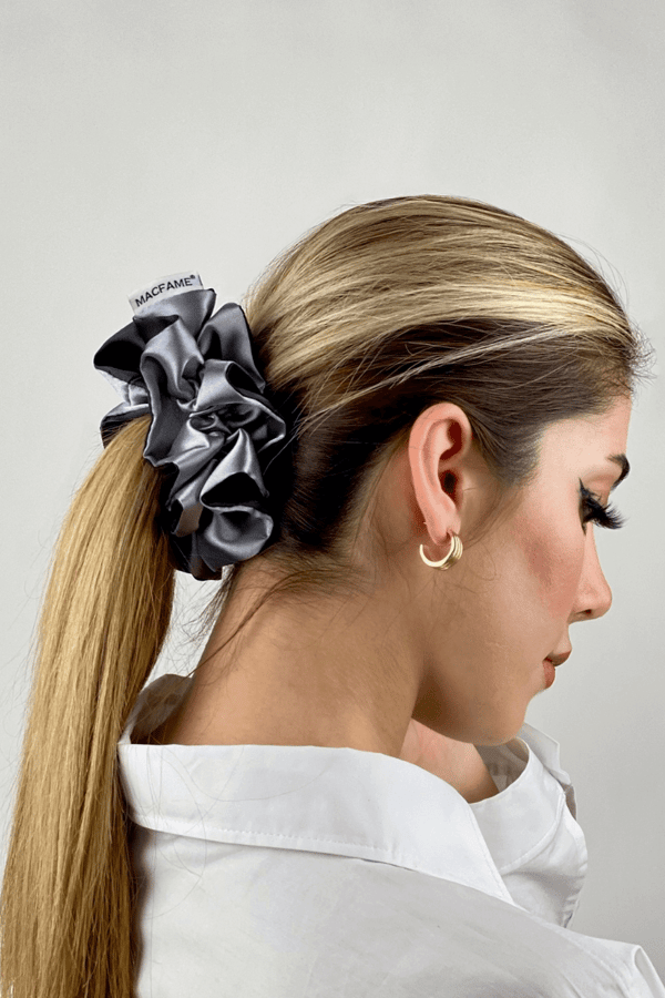 Ruffle Satin Scrunchie Gray