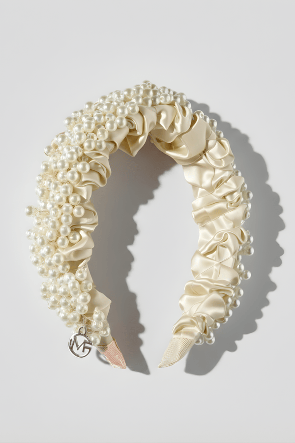 Bridal Pearl Embellished Satin Headband Ecru
