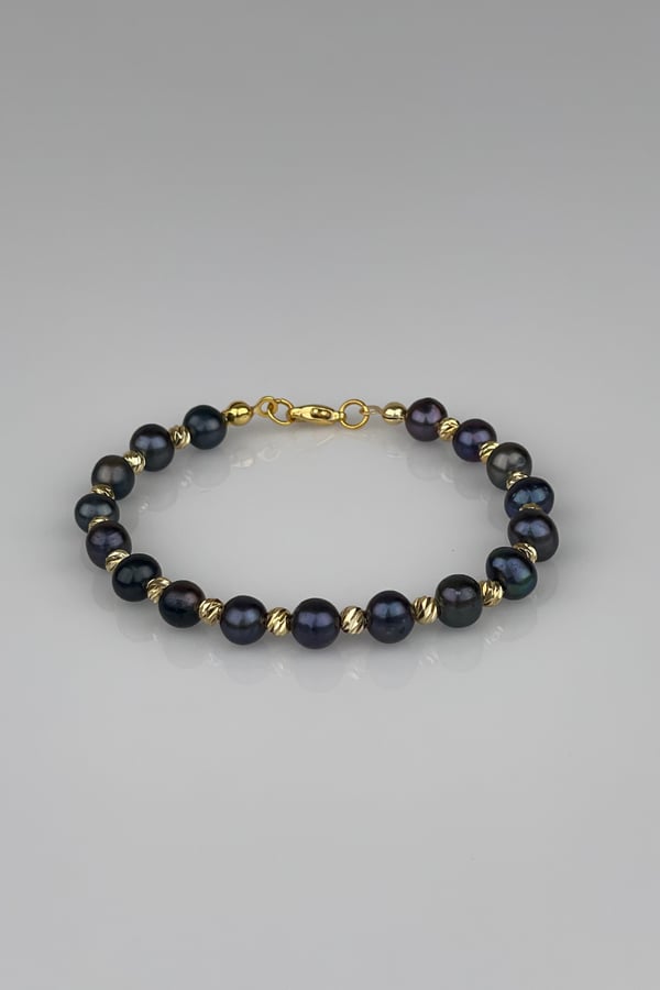 Mens Real Black Pearl Design Bracelet - Silver