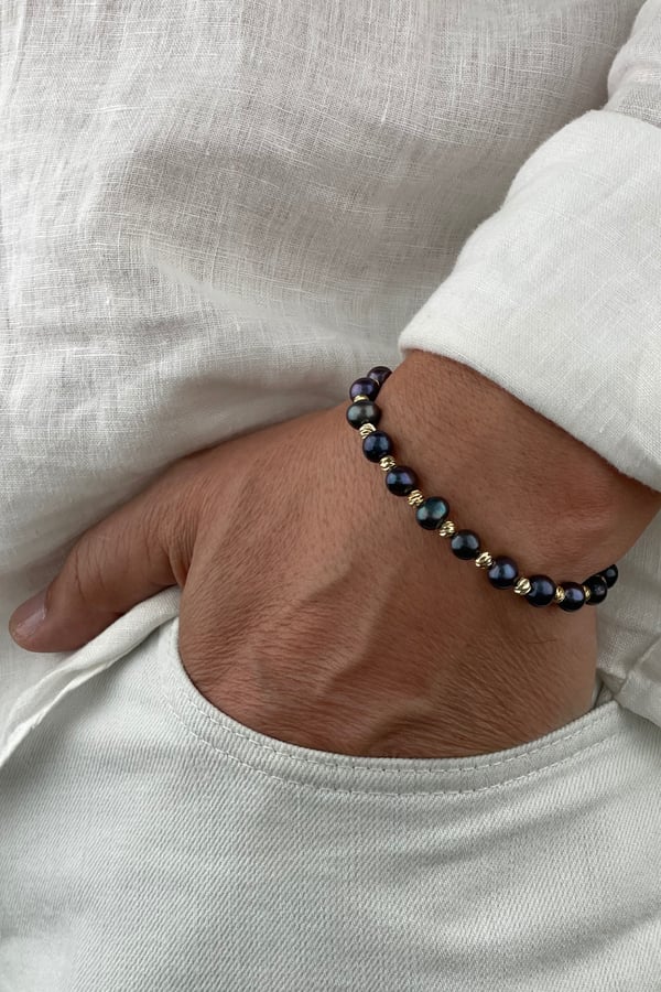 Mens Real Black Pearl Design Bracelet - Silver