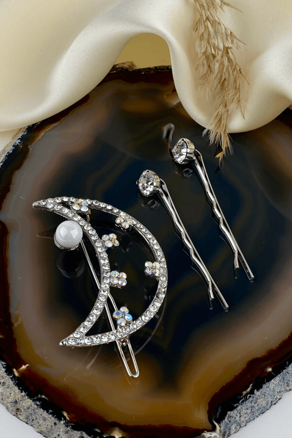 Moon Detail Rhinestone Hair Pin Silver (set of three)