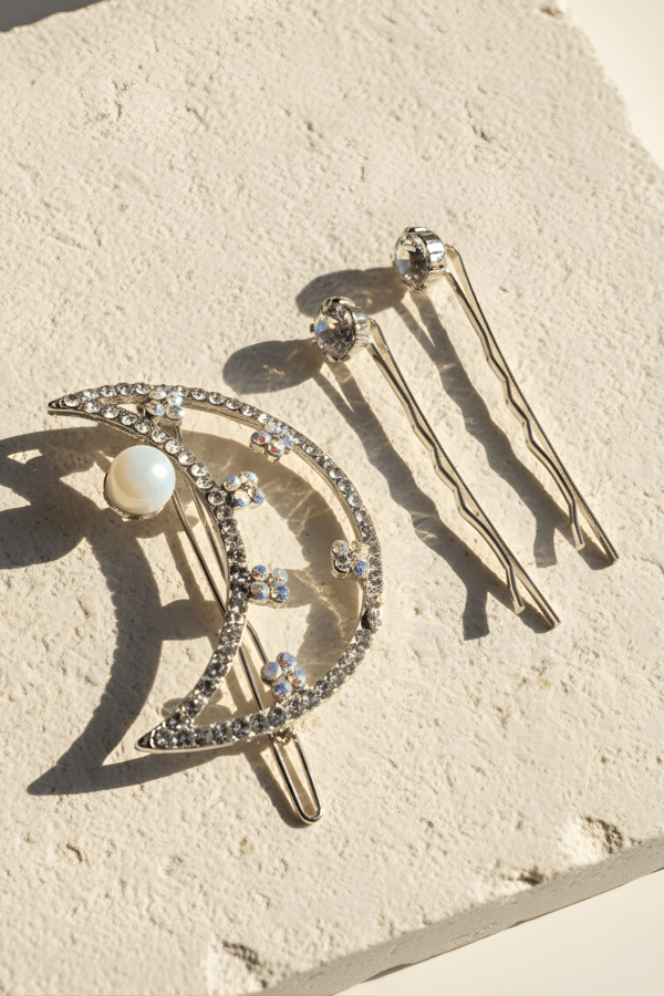 Moon Detail Rhinestone Hair Pin Silver (set of three)