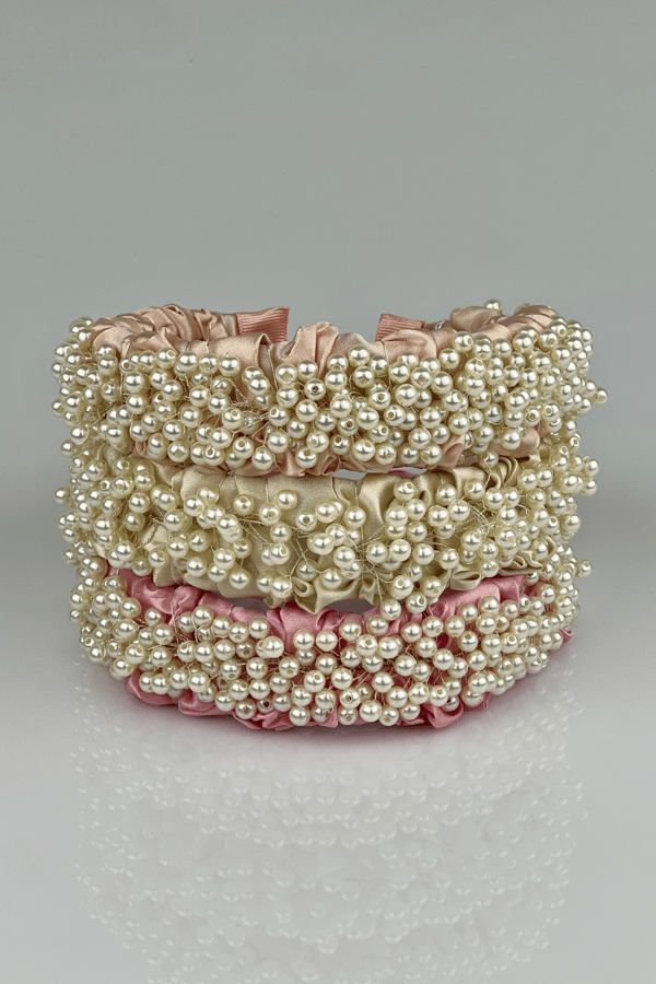 Bridal Pearl Embellished Satin Headband Ecru