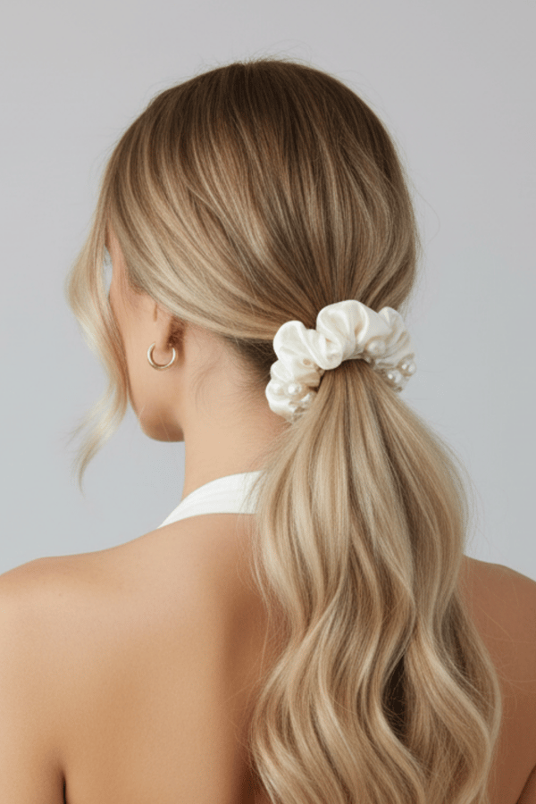 Pearl Satin Scrunchie White