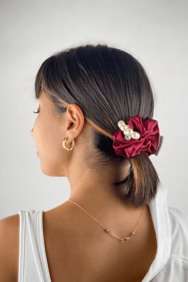 Pearl Satin Scrunchie Burgundy