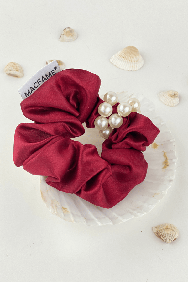 Pearl Satin Scrunchie Burgundy